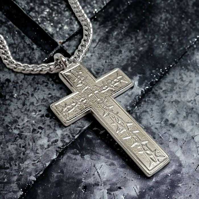 Multi-Layered Gold Necklaces-Thorns Cross Rhodium Metal Finish Pendant Curb Chain Necklace