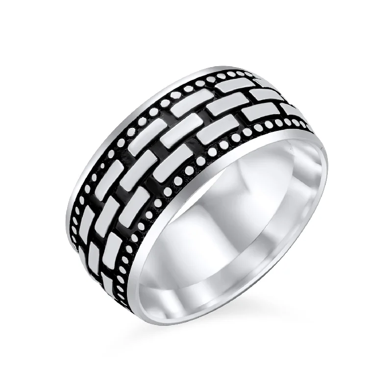 Luxury Platinum Engagement Rings-Classic Mens Silver Ring Brick Chain Band Blackened Oxidized .925 Sterling Silver