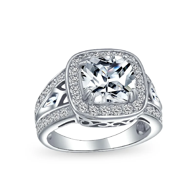 Solitaire Diamond Wedding Rings-Vintage Art Deco 3CTW CZ Halo Cushion Cut Solitaire Engagement Ring Silver Band