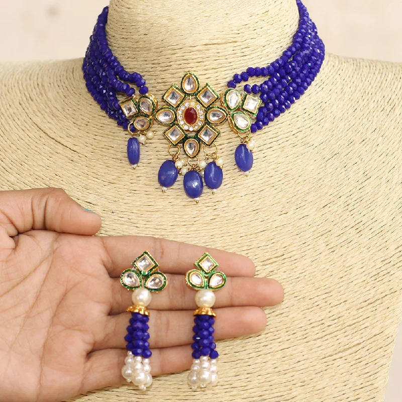 Dainty Silver Necklaces-Beadsnfashion Glass Crystal Beaded Kundan Choker Set Blue