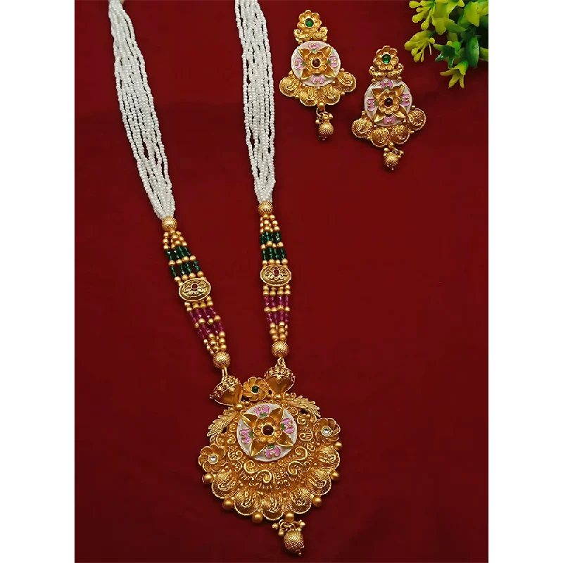 Natural Stone Necklaces-Gehana Mahal Gold Plated Pota Stone And Pearl Necklace Set