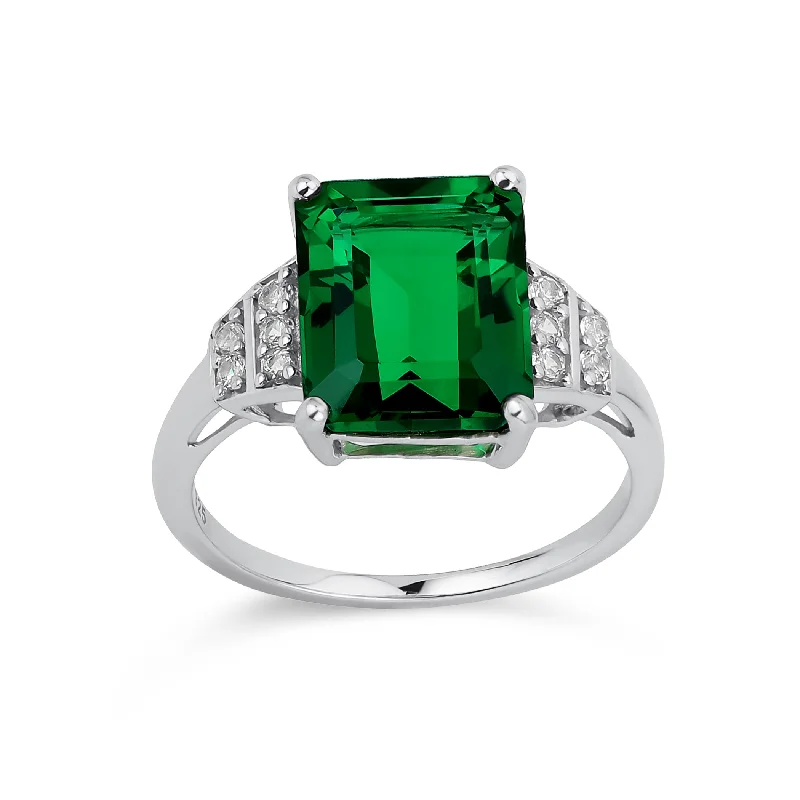 Birthstone Rings for Men-Art Deco 3CT Nano Emerald & Sapphire Engagement Ring in Sterling Silver