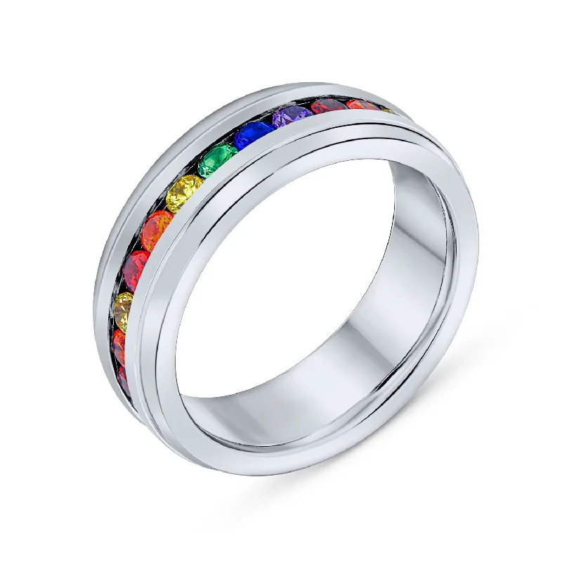 Handcrafted Engagement Rings-Mens Stainless Steel Rainbow CZ Eternity Ring LGBTQ Wedding Band Comfort Fit