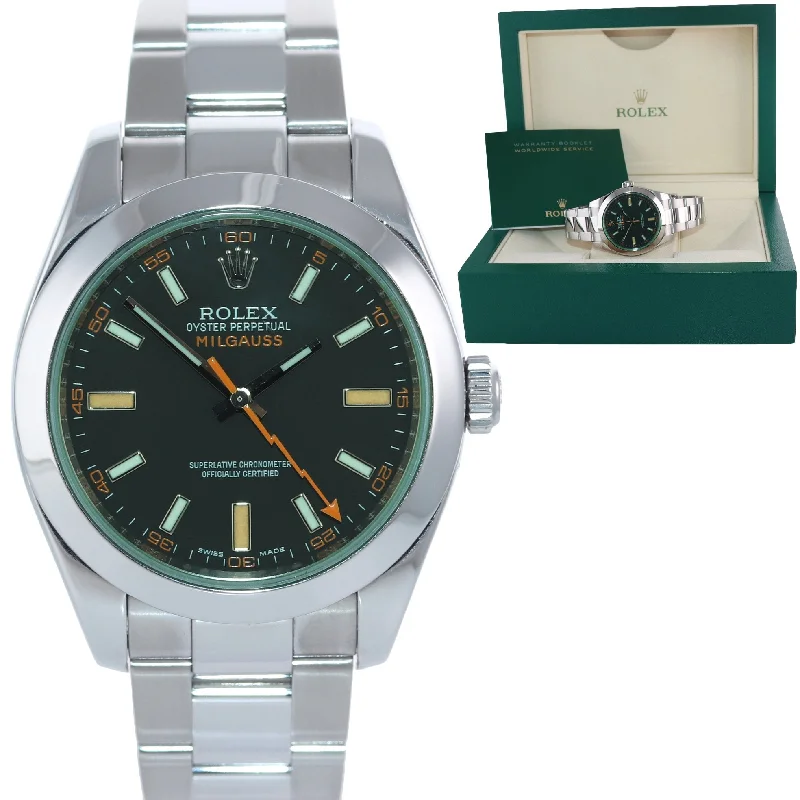 Custom Fitness Watches for Men-Rolex Milgauss 116400 Steel Green Black Anti-Magnetic Steel 40mm Watch Box