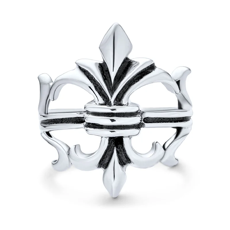 Custom Vintage Rings-Antique Style Mens Silver Ring Fleur De Lis Oxidized .925 Sterling Silver