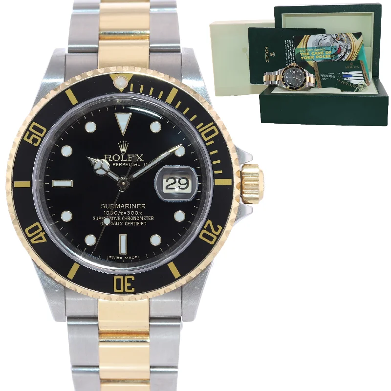 Stylish Chronograph Watches-2008 Papers Rehaut Rolex Submariner 16613 Gold Steel Black Watch Box Gold Buckle