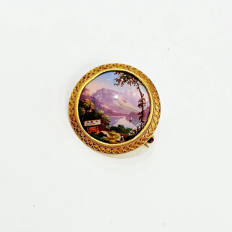 Custom Gemstone Brooch-Custom Gemstone Brooch-Estate Collection Brooch - Enameled Mountain Scene