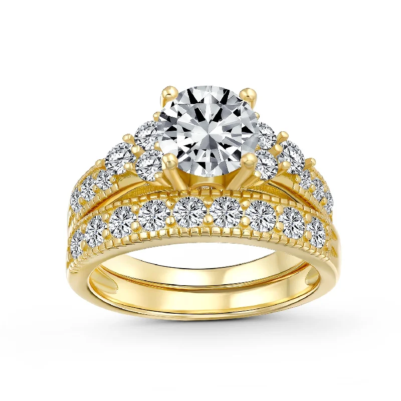 Classic Gold Wedding Rings-Cocktail Statement Ring: 3CT Round Solitaire with CZ Pave Wedding Band in 14K Gold