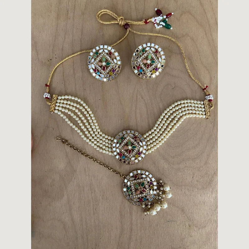 Multi-Strand Necklaces-India Art Gold Plated Mirror Choker Necklace Set