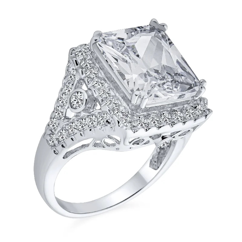 Simple Diamond Rings-Art Deco 7 CTW Emerald Cut Engagement Ring AAA CZ Sterling Silver Statement