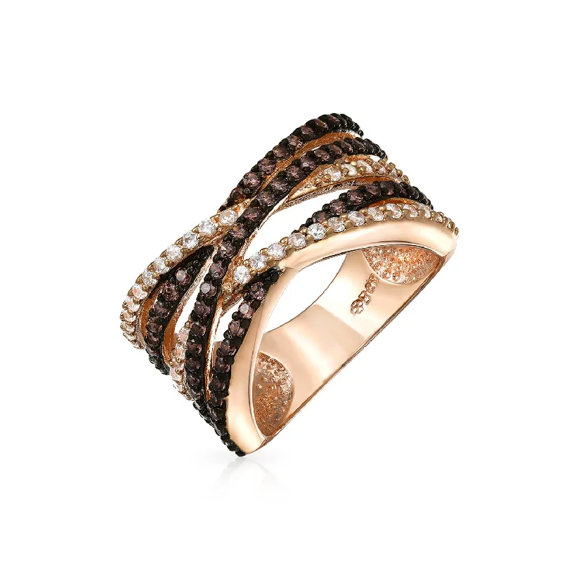 Stylish Gemstone Rings-Crossover Cocktail Statement Ring Two Tone Brown Coffee Pave CZ Band Rose Gold