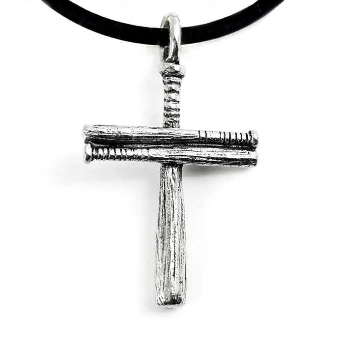 Fashionable Boho Necklaces-Cross Baseball Small Bat Plain Necklace Silver Finish