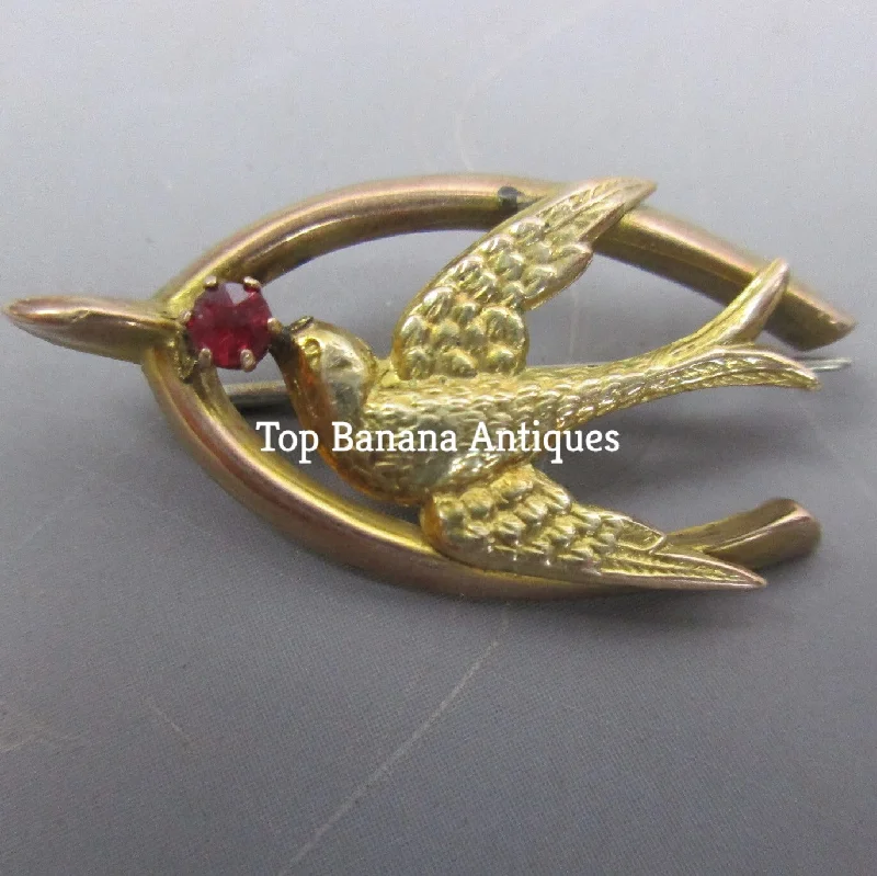 Custom Brooch with Birthstones-Custom Brooch with Birthstones-9K Gold And  Garnet Paste Swallow In Lucky Wishbone Sweetheart Brooch Antique Edwardian c1914