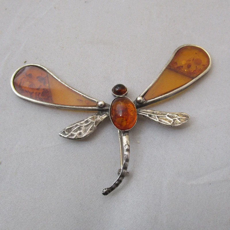 Luxury Gemstone Brooch for Women-Luxury Gemstone Brooch for Women-Sterling Silver And Amber Dragonfly Brooch Pin Vintage c1970