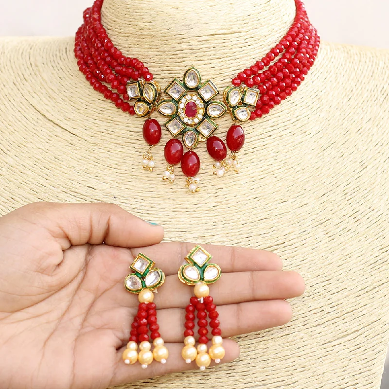 Simple Chain Necklaces-Beadsnfashion Glass Crystal Beaded Kundan Choker Set Maroon