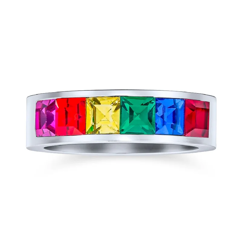 Custom Gold Wedding Rings-Mens Stainless Steel Rainbow Ring LGBTQ Wedding Band Unisex Pride Month Jewelry