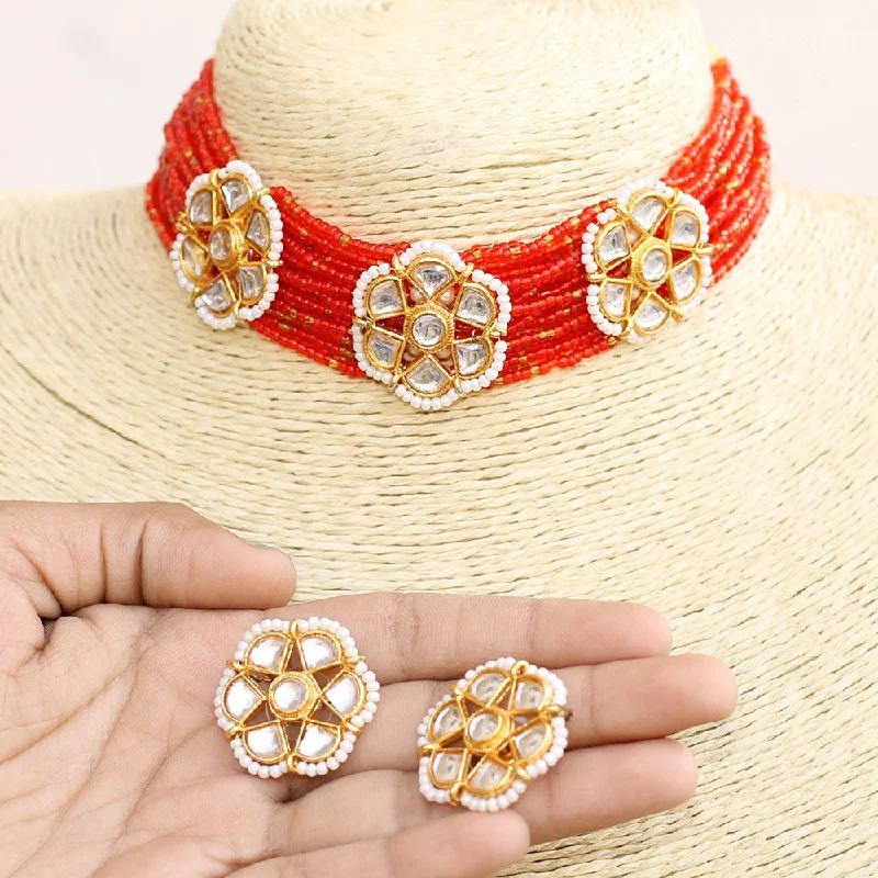 Rose Quartz Necklaces-Beadsnfashion Seed Beads Beaded Kundan Choker Set Red