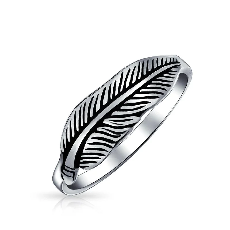 Engraved Wedding Rings-Southwestern Boho Feather Leaf Band Silver Ring Oxidized Sterling Jewelry