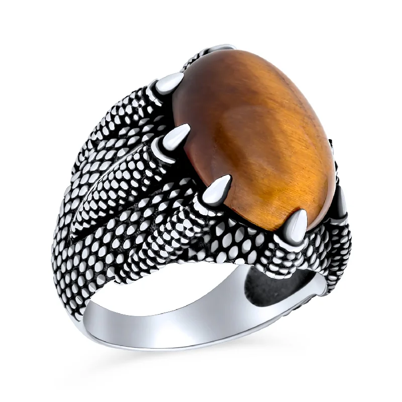 Silver Stackable Rings-Mens Silver Ring Claw Design with Tiger Eye Gemstone Oxidized Sterling Silver