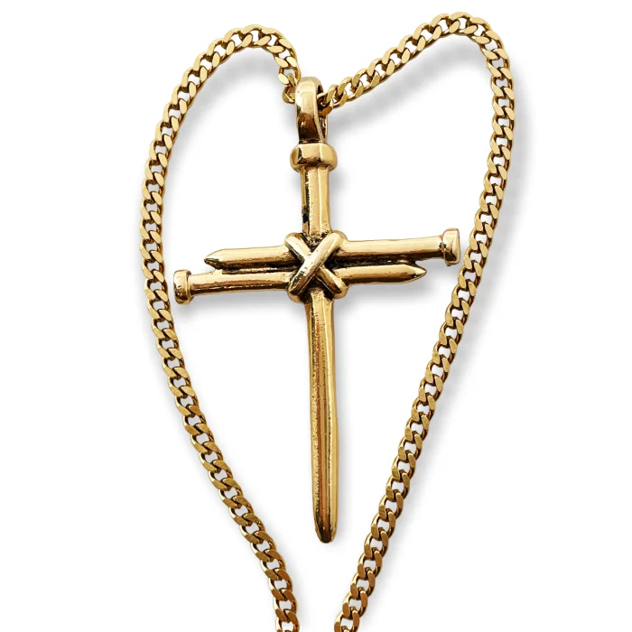 Vintage Beaded Necklaces-Nail Cross Gold Metal Finish Pendant Gold Finish Chain Necklace