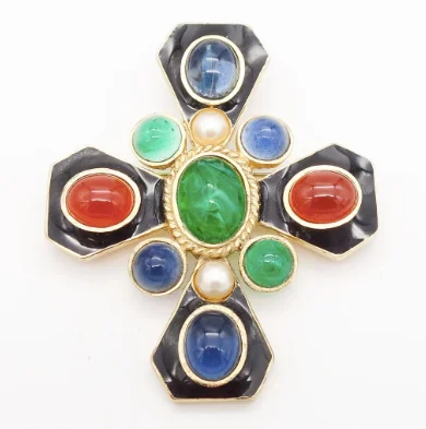 Designer Gold Brooch with Gemstone Detail-Designer Gold Brooch with Gemstone Detail-Estate Collection - Enamel Cross Pendant Brooch