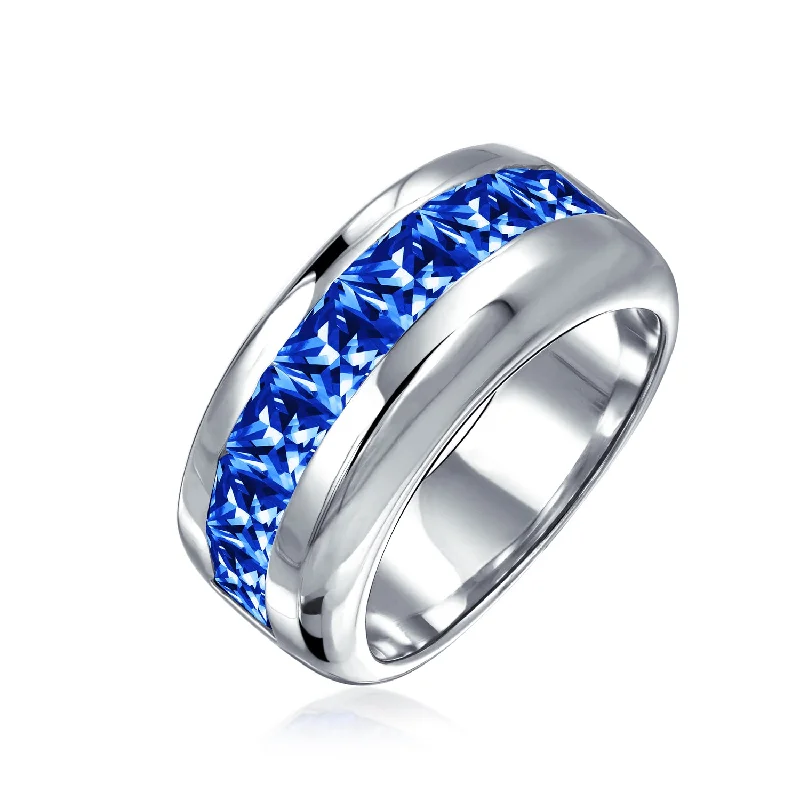 Luxury Gold Rings-Unisex Cocktail Statement Ring with Blue Sapphire CZ in Sterling Silver Band