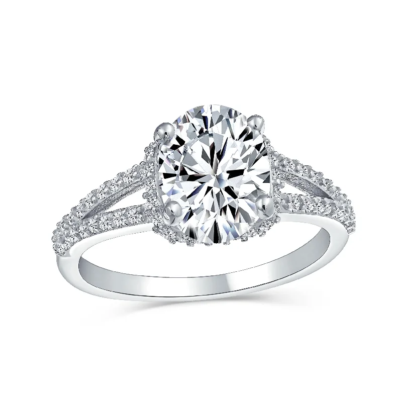 Bold Gold Rings-Classic 3CT AAA CZ Oval Solitaire Engagement Ring with Split Shank Silver Band