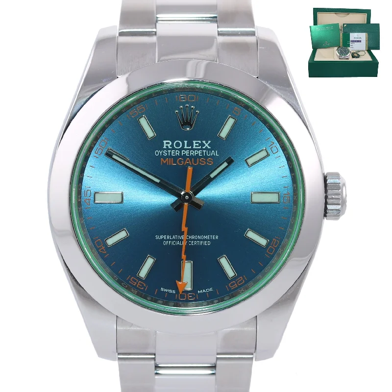 High-End Smart Watches-2019 PAPERS Rolex Milgauss Blue Dial Anniversary Green 116400GV Steel Watch Box