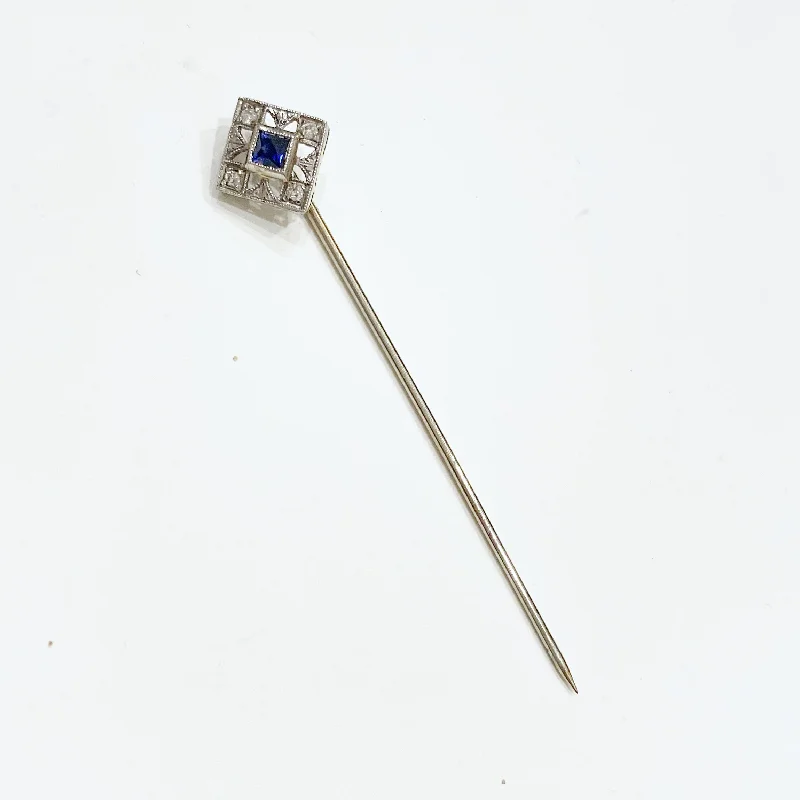 Colorful Gemstone Brooch-Colorful Gemstone Brooch-Estate Collection Brooch - Stick Pin 14K White Gold w/Blue Stone & Diamonds