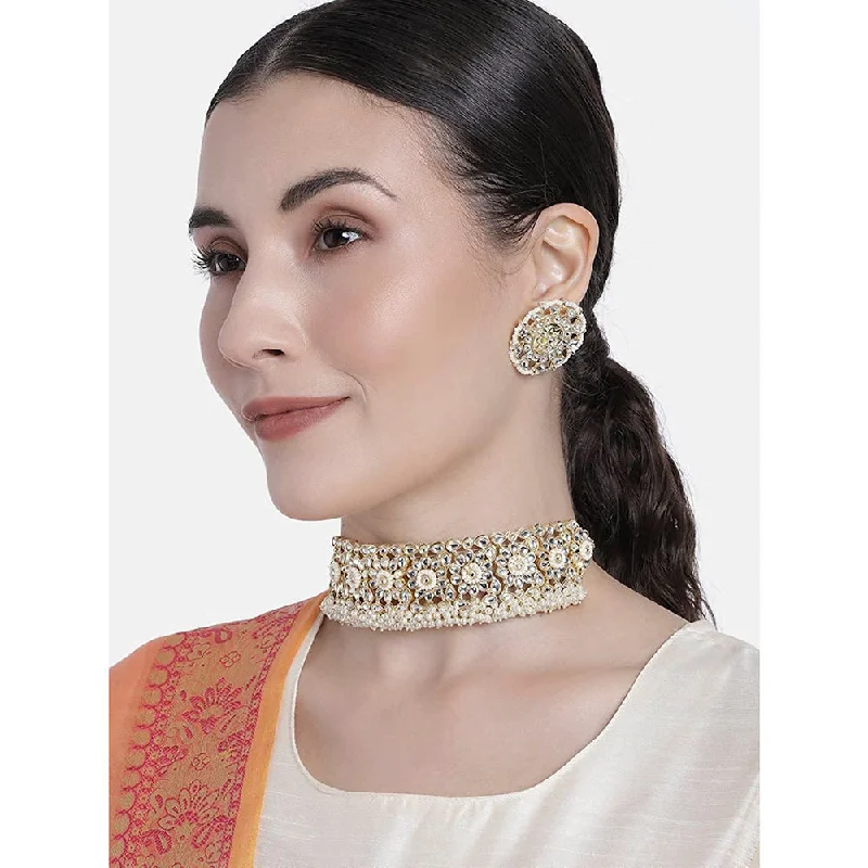 Bold Statement Necklaces-Etnico 18k Gold Plated Traditional White Kundan & Pearl Studded Choker Necklace Jewellery Set For Women/Girls (K7208W)