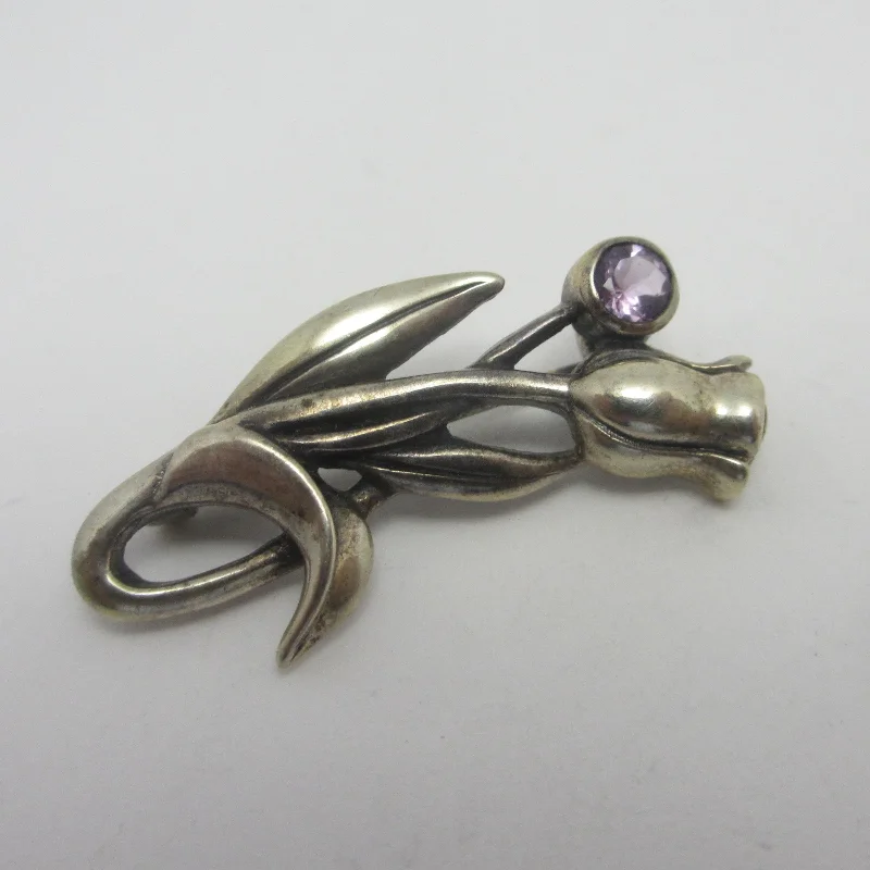 Unique Silver Brooch-Unique Silver Brooch-Amethyst Tulip Flower Sterling Silver Brooch Pin Vintage c1980