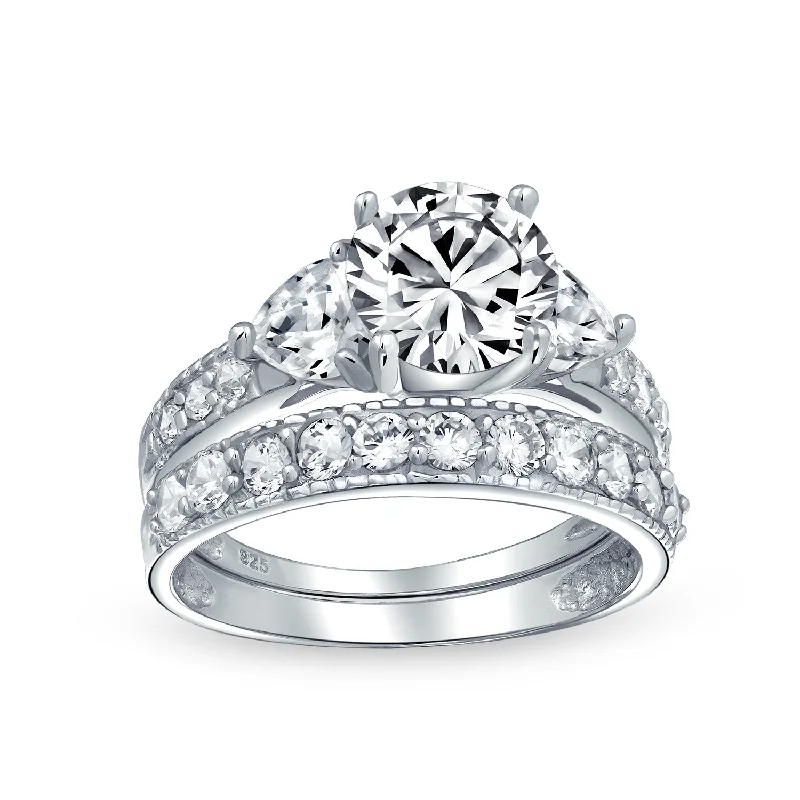 Large Statement Rings-Classic Cocktail Statement Ring: 3CT Round Solitaire CZ Pave Band Sterling Silver