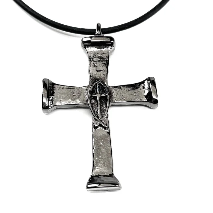 Multi-Colored Crystal Necklaces-Horse Nails Cross Fish Dark Gunmetal Finish Necklace