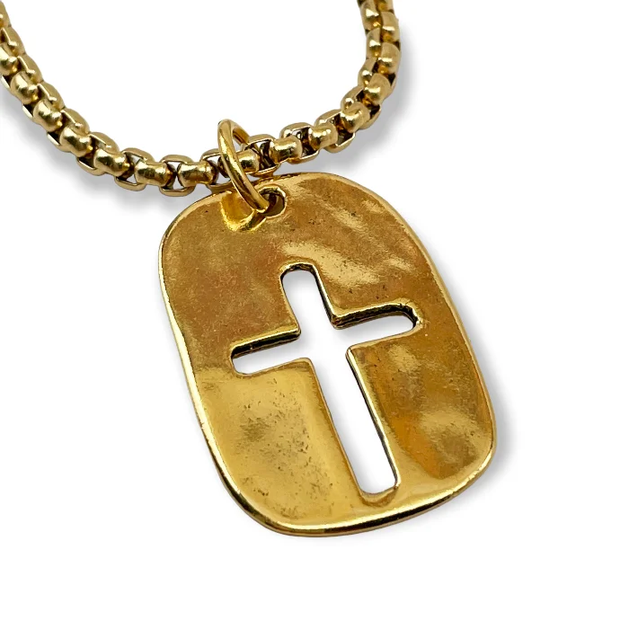 Simple Heart Necklaces-Cross Tag Gold Finish Pendant Gold Heavy Chain Necklace