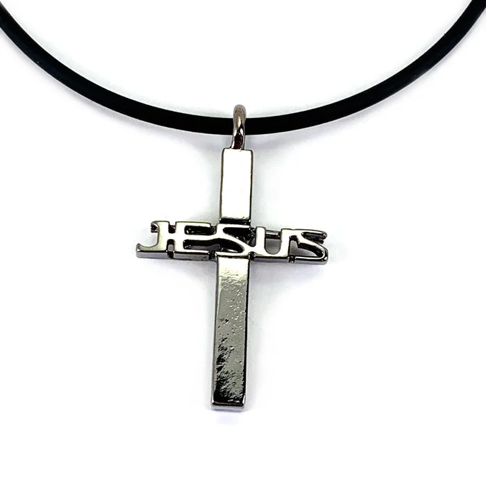 Silver Pendant Necklaces-Jesus Cross Gunmetal Finish Necklace