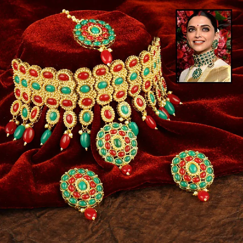 Luxury Necklaces with Diamonds-Etnico Traditional Deepika Style Gold Plated Multicolour Bridal Pearl Choker Necklace Set with Maang Tikka for Women