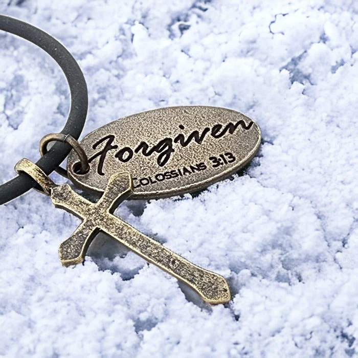 Gemstone Pendant Necklaces-Cross Antique Brass Metal Finish Forgiven Tag Black Cord Necklace