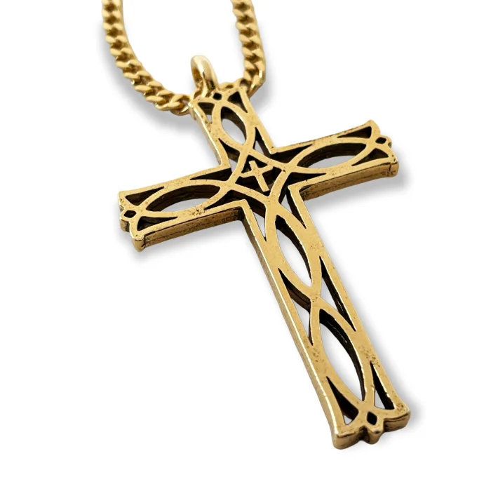 Unique Infinity Necklaces-Cross Ichthus Fish Gold Metal Finish Pendant Gold Finish Curb Chain Necklace