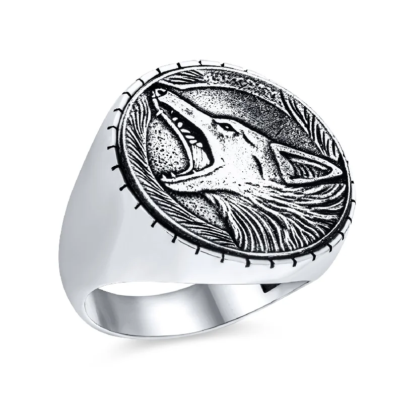 Designer Gold Rings-Hunter Norse Viking Mens Silver Ring with Fierce Wolf Head in Oxidized Sterling Silver