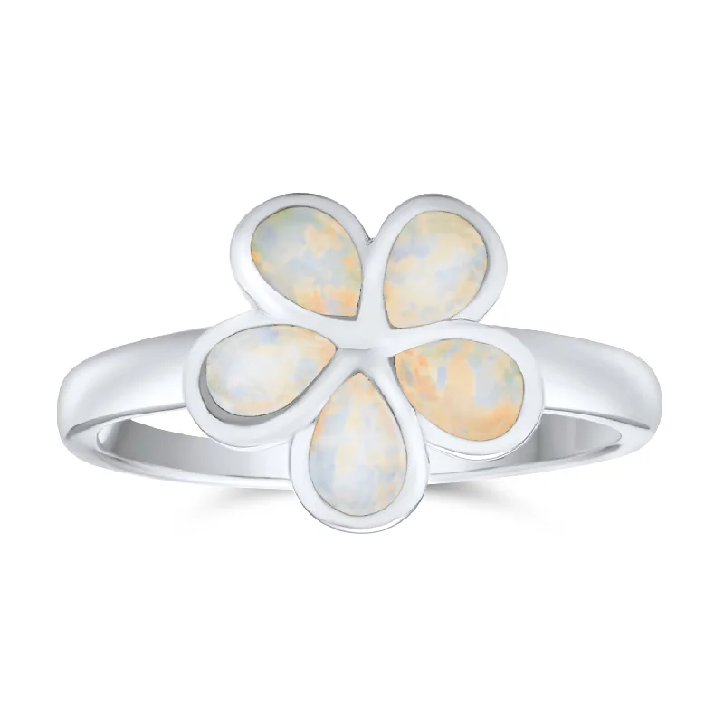 Solitaire Engagement Rings-Silver Ring with White Created Opal Plumeria Flower Sterling October Birthstone