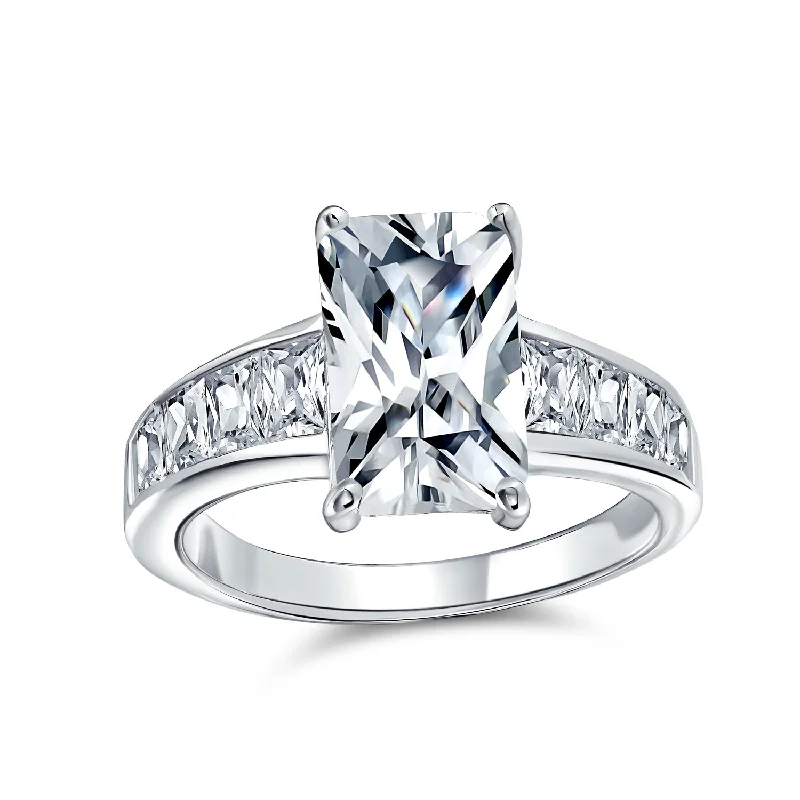 Custom Engagement Rings with Sapphire-Timeless Classic 4CT Emerald Cut Solitaire Engagement Ring with CZ Baguette Band