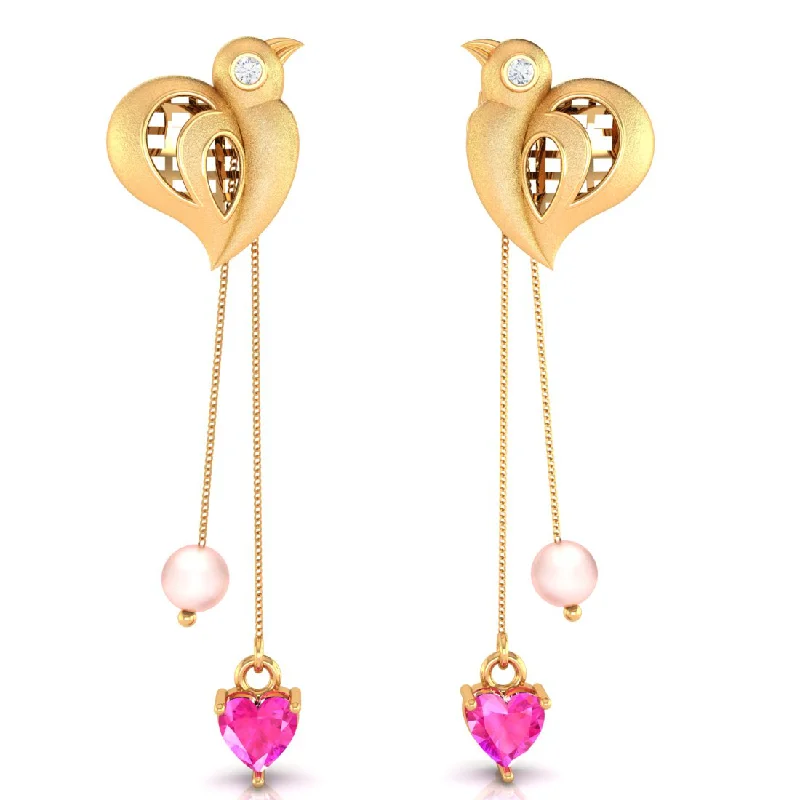 Designer Drop Earrings-14k Bird And Pink Hearts And Pearls Gold Earrings