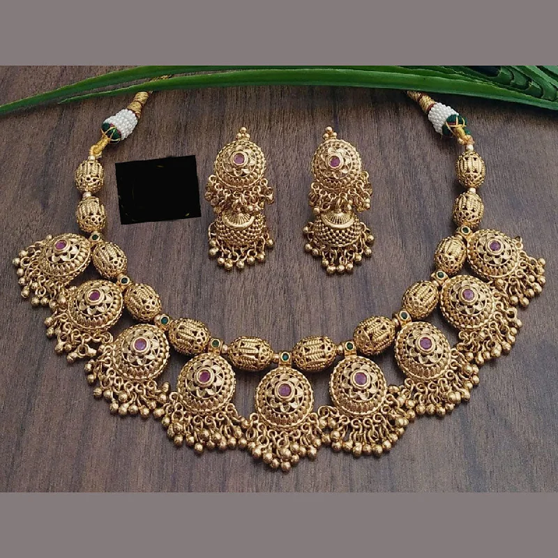 Diamond Pendant Necklaces-FS Collection Gold Plated Pota Stone And Pearls Necklace Set