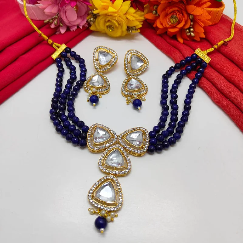 Long Chain Necklaces-Palak Art Gold Plated Kundan Stone Necklace Set