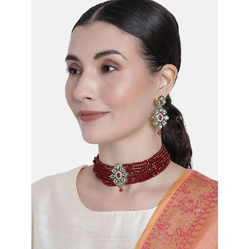 Large Statement Necklaces-Etnico 18k Gold Plated Traditional Choker Set Glided With Kundan & Beads For Women/Girls (K7207M)