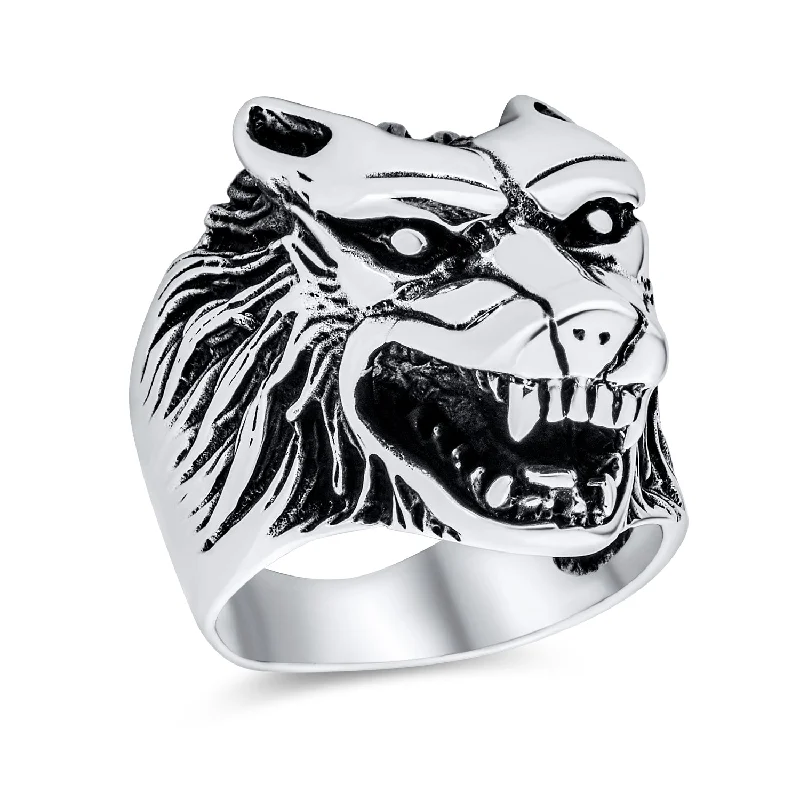 Personalized Wedding Rings-Hunter Norse Viking Warrior Mens Silver Ring with Fierce Roaring Wolf Head Design