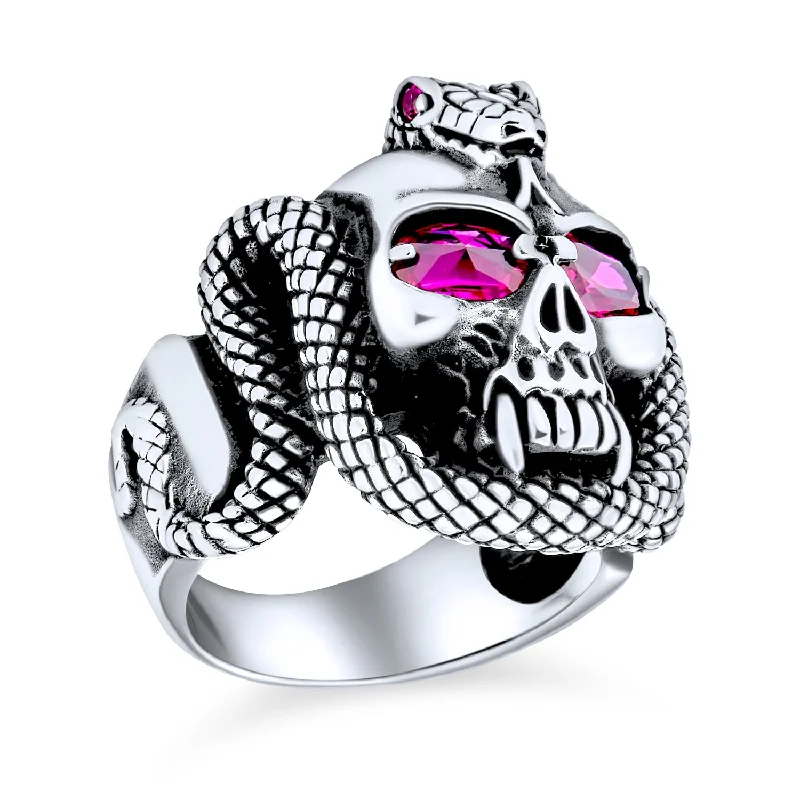 Oval Diamond Rings-Mens Stainless Steel Punk Rocker Biker Skull Ring with Red Ruby CZ Eyes Snake Design