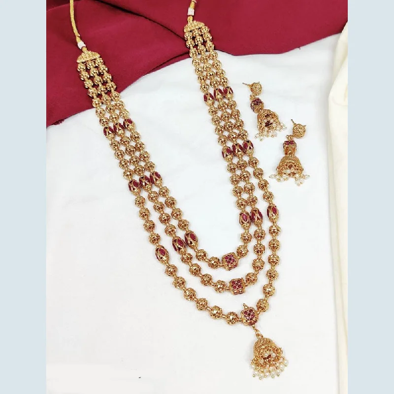 Fashionable Layered Necklaces-Manisha Jewellery Gold Plated Pota Stone And Pearls Multi Layer Long Necklace Set