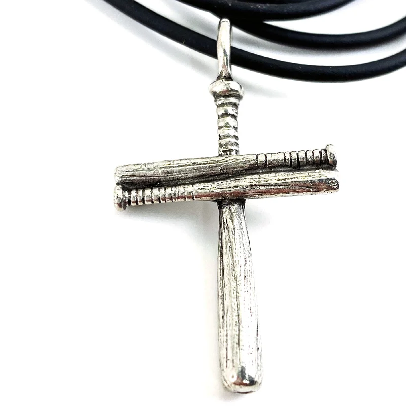 Affordable Necklaces for Women-Baseball Bat Cross On Soft Black Rubber Necklace Antique Silver Softball