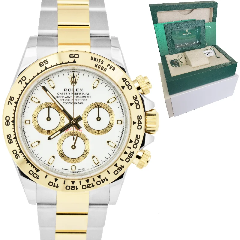 Classic Watches with Roman Numerals-NEW MAR. 2022 Rolex Daytona Two-Tone Gold Steel White Chronograph Watch 116503